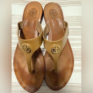 Tory Burch Tan Leather Logo Thong Sandals